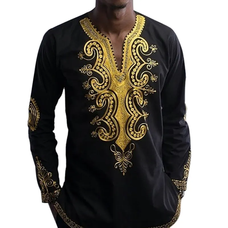 Hommes chemises noires style africain vêtements hommes traditionnel ethnique africain Style imprimé hommes chemises chemise à manches longues