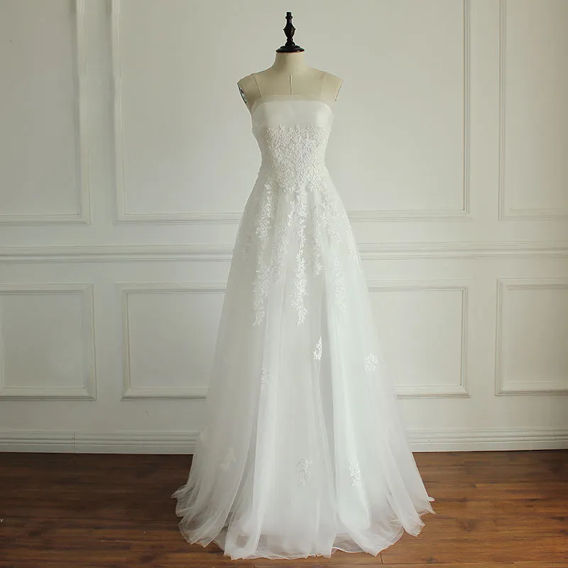 Fariy Ivory Bröllopsklänningar Strapless Peats Organza med blommig applique spets-up back plus storlek bröllopsklänningar skräddarsydda