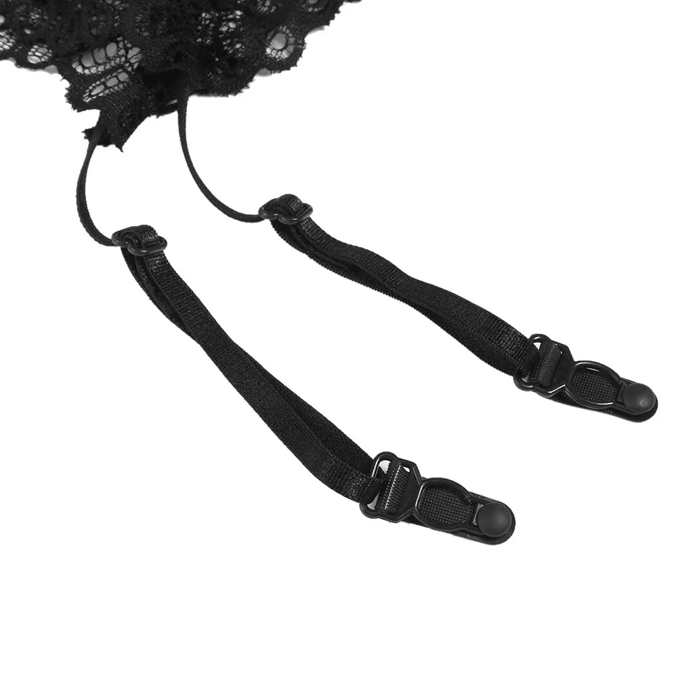 Sexy Lace Bra, Panty, Garter Belt Set For Women Black Transparent Wire