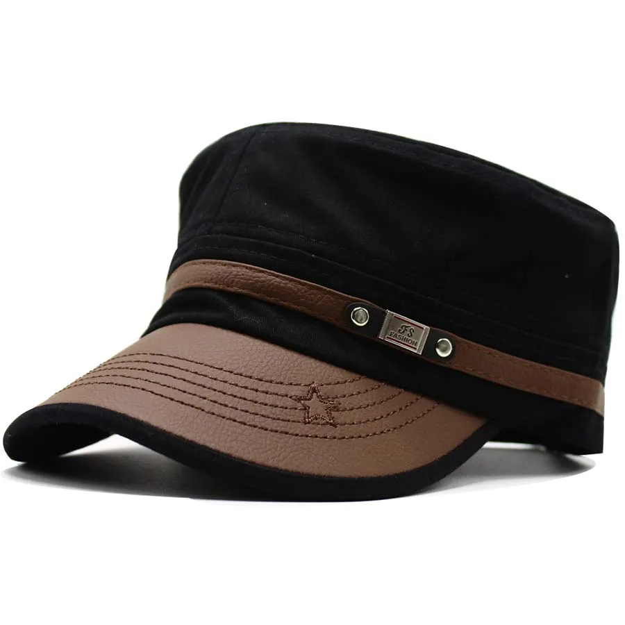 Męska Moda Płaski Top Hat PU Skóra Peaked Baseball Cap GI Armia Corps Kapelusz Patrol Cadet Cap Sun Visor Snapback Cap