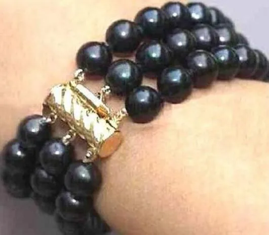 3 rad 7,5-8 tum 8-9mm Tahitian svart pärla armband 14k guld