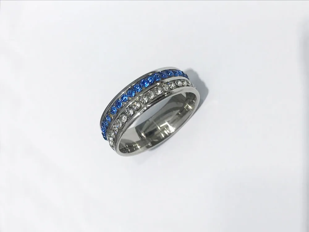 Multicolor Zircon Silver / Blue Ring Chunky Finger Bling Hip Hop Ring Storlek 7/8/9/10/11 Rostfritt stål Ringar