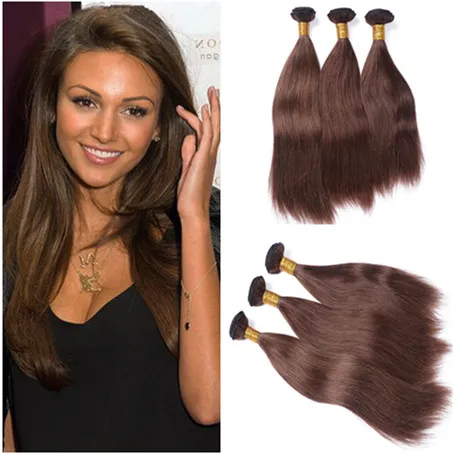 Średnie Brązowe Ludzkie Włosiania Rozszerzenia 3 SZTUK Prosto # 4 Czekoladowe Brown Virgin Malezyjskie Human Hair Bundles Oferty 10-30 "Plątanina za darmo