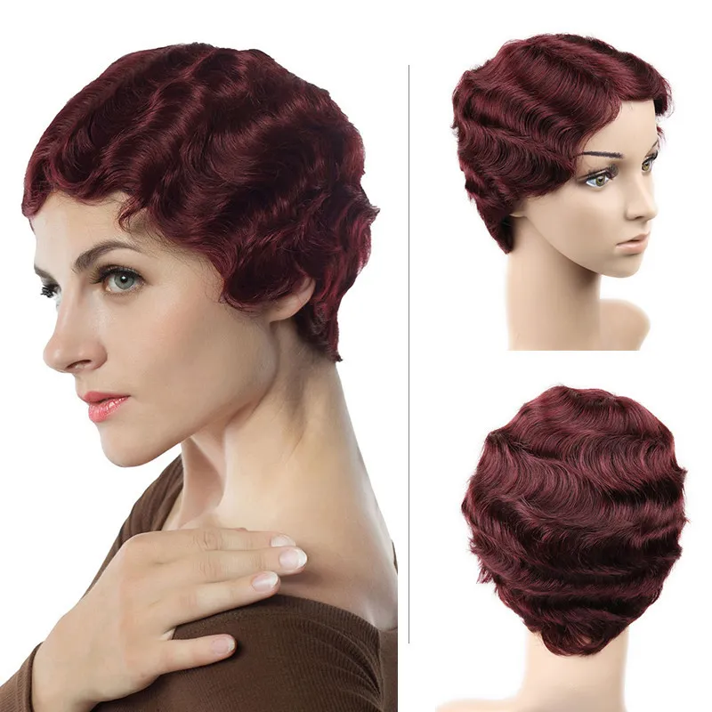 Parrucche corte per capelli umani Parrucche ricce bionde nere e bordeaux Parrucca onde delle dita per donne afroamericane Cosplay Riposo termico