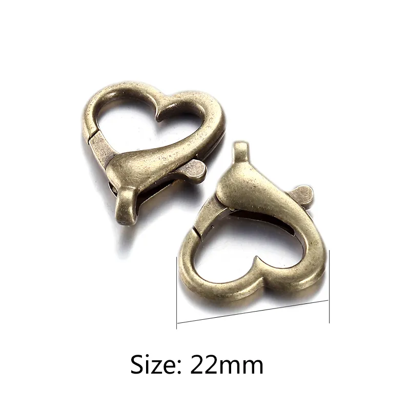 100 stks 22x26mm mode-sieraden bevindingen antiek brons hartvorm kreeft sluiting haken voor kettingbracelet ketting
