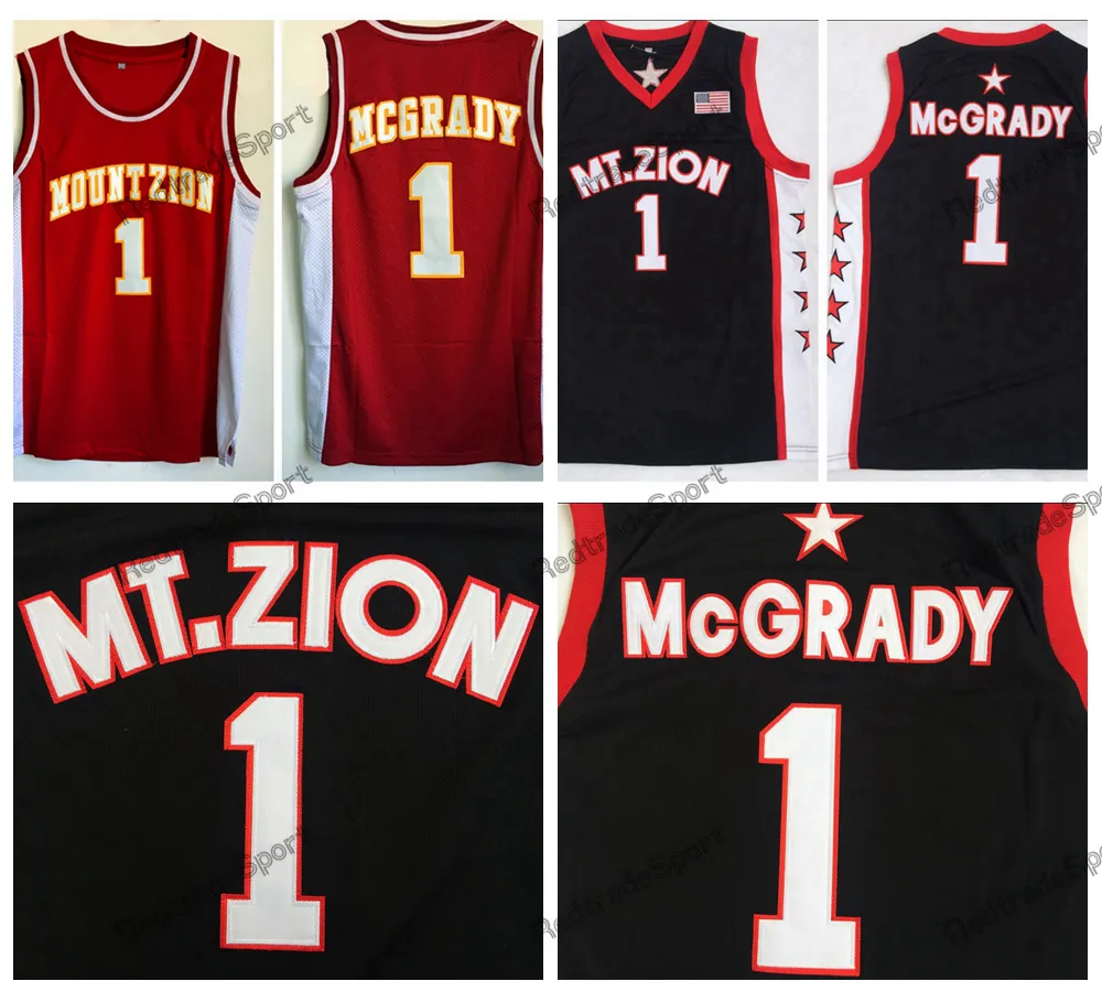 Erkek Vintage Tracy McGrady # 1 T-Mac Liseli Basketbol Formaları Ev Kırmızı Mt.zion Mount Zion Christian Siyah Dikişli Gömlek