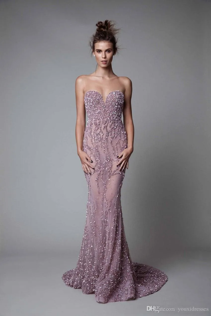 Berta Luxe Sexy Sweetheart Avondjurken Backless Sheer Neck Beaded Pailletten Mermaid Prom Dresses See door formele feestjurken