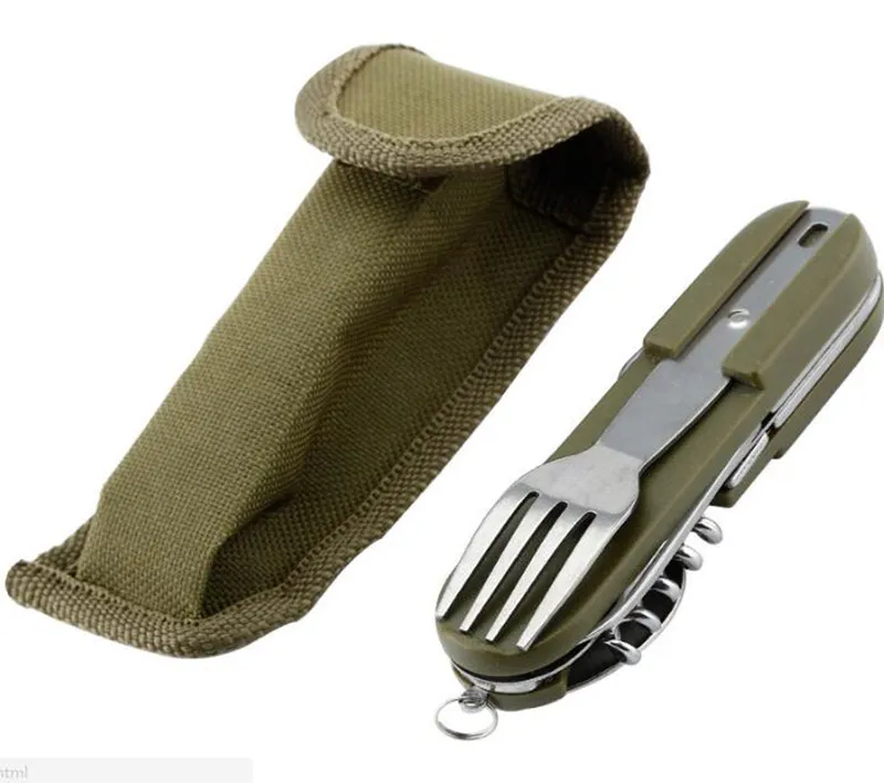 Wholesale 150pcs/lot outdoor multifunction foldable spoon fork blade can bottle opener camping picnic cutlery