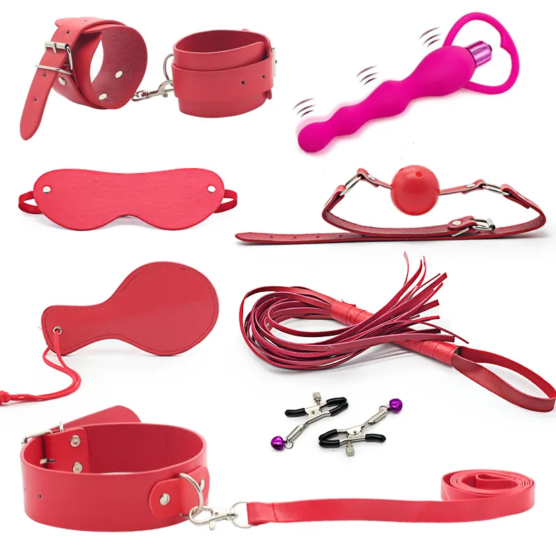 Kit Bondage BDSM 12 Pièces Rouge - Matière Simili, Réglable, Pour Débutants Ou Pro