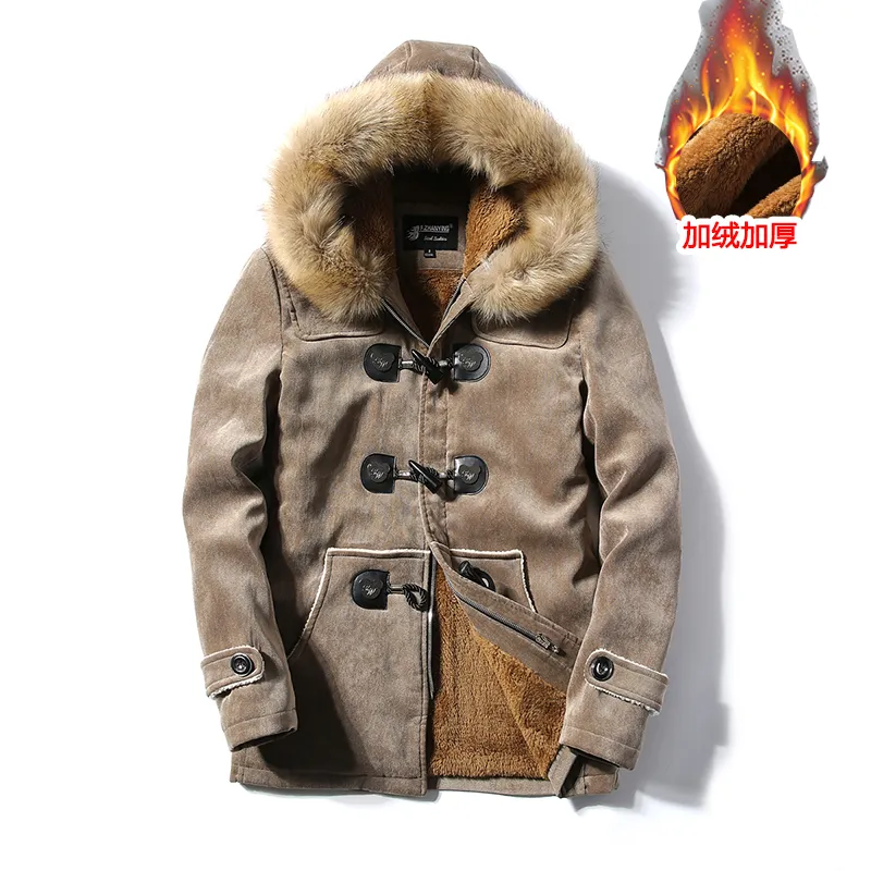 Man winter vee hoorn knop grote bont kraag fluweel wollen jas warm jas paar lange parka's