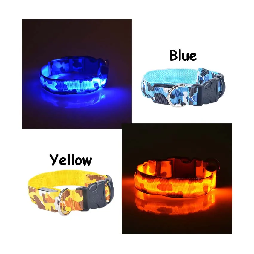 Colliers fluorescents lumineux pour animaux de compagnie Camo Dogs Colliers en nylon Collier de sécurité en nylon Sécurité nocturne LED Harnais pour chiens, colliers pour chats, lueur dans l'obscurité