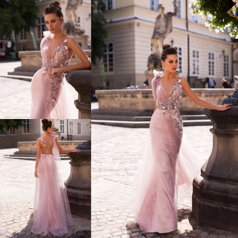 Mermaid Pink Berta Evening Dresses Long 3d Floral Appliqued Sheer V Neck Prom Gowns Sexy Beaded Formal Party Dress