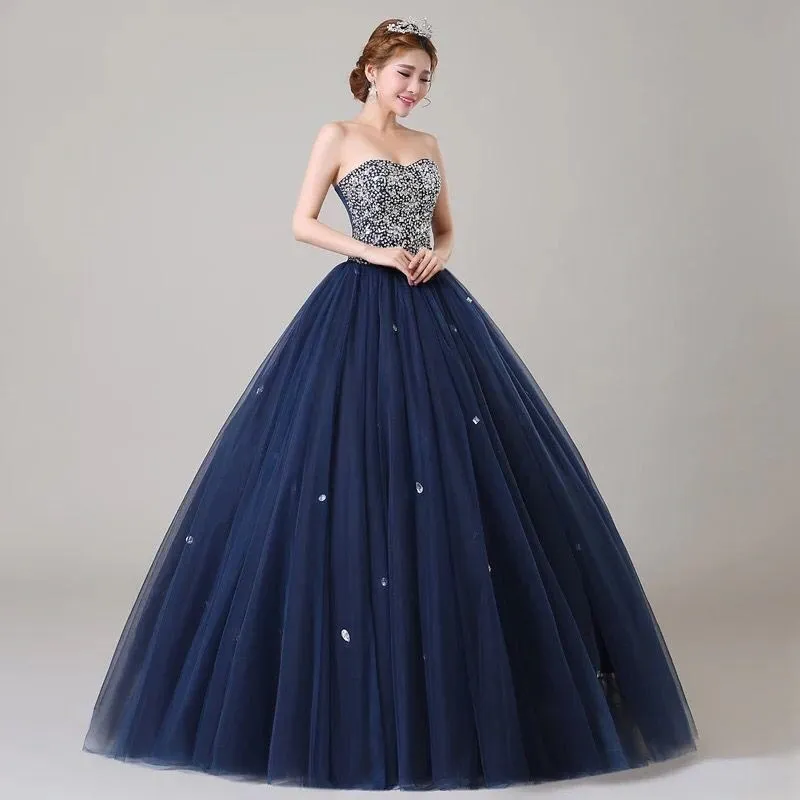 ANGEL NOVIAS Long Ball Gown Puffy Plus Size Navy Blue Crystal Prom Dress 2018