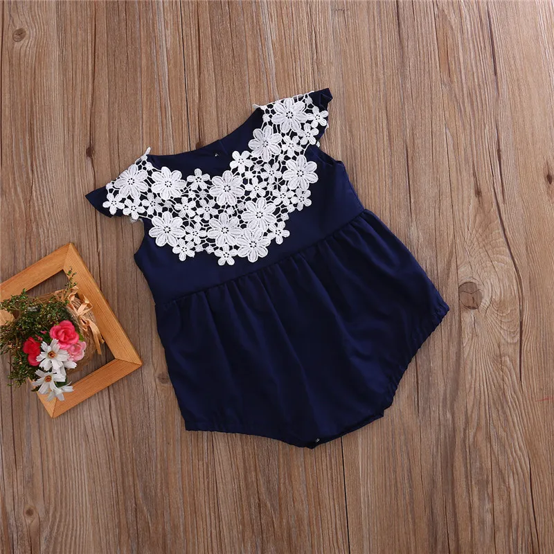 Nyfödd baby flicka kläder navy blå romer jumpsuit ärmlös spets blomma solnedgång playsuit outfits sommar barn spädbarn toddler tjej kläder