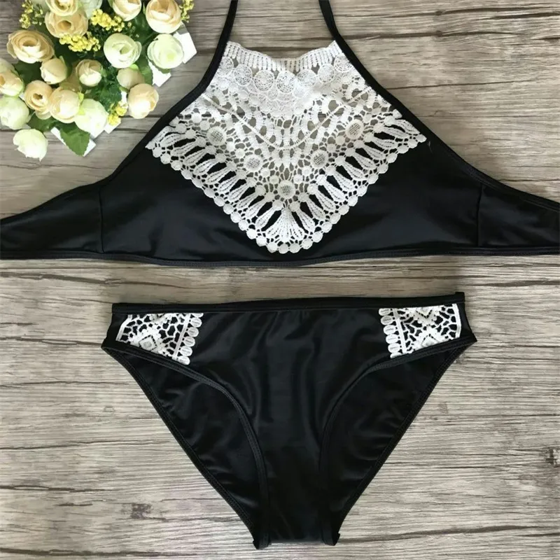 European American Style Women Lace Swimsuit Set Sexy Hollow Out Summer Swimwear Two Pieces Bikinis For Lady 18yh W