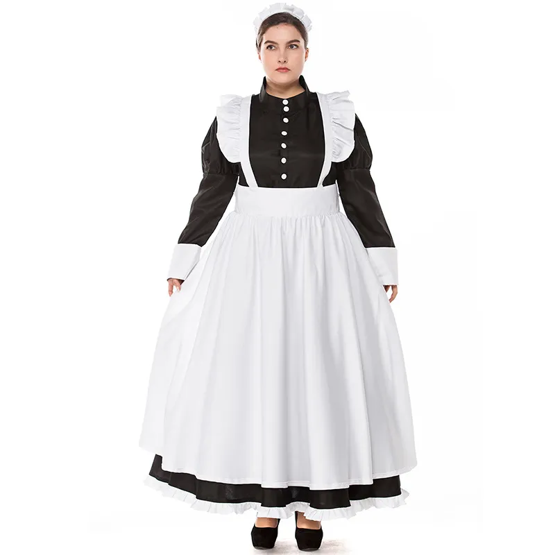 Klassisk svart och vitt fransk förkläde maid cosplay klänning kvinnor maidservant kostym boll kappor halloween cosplay kostym plus storlek