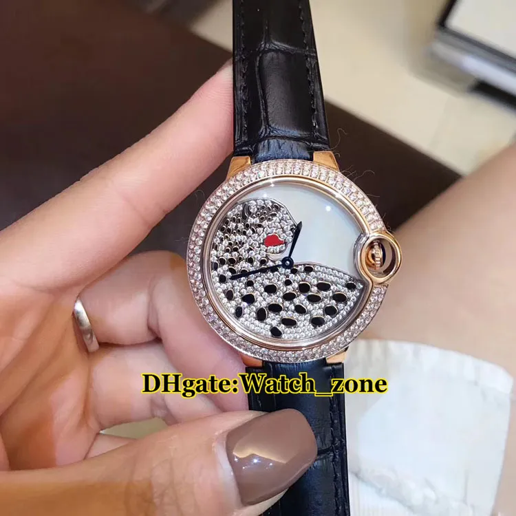 새로운 36mm 3D 다이아몬드 레오파드 다이얼 스위스 쿼츠 여자 시계 실버 다이아몬드 베젤 가죽 스트랩 패션 레이디 시계 아내 선물