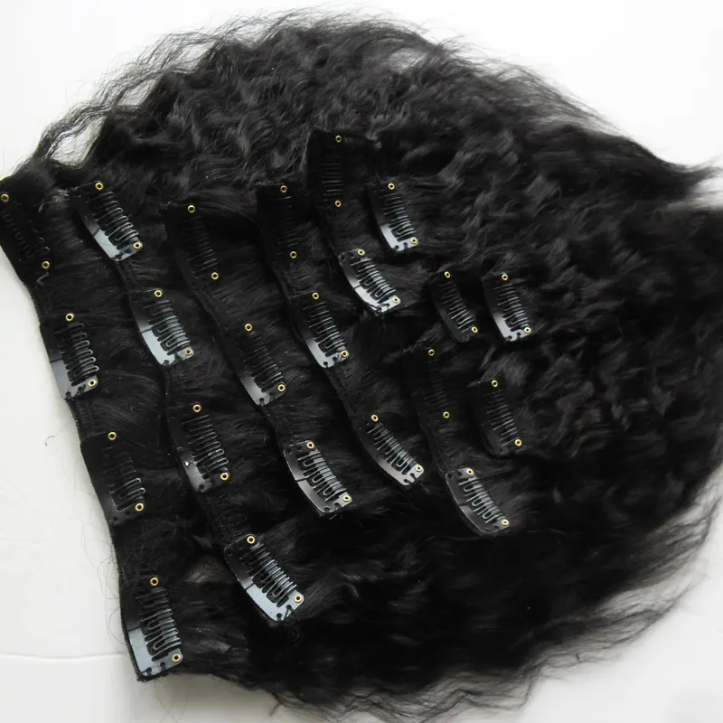 Grov Yaki Clip Ins 10 stycken och 120g / set Naturlig färg Kinky Straight Clip In Human Hair Extensions