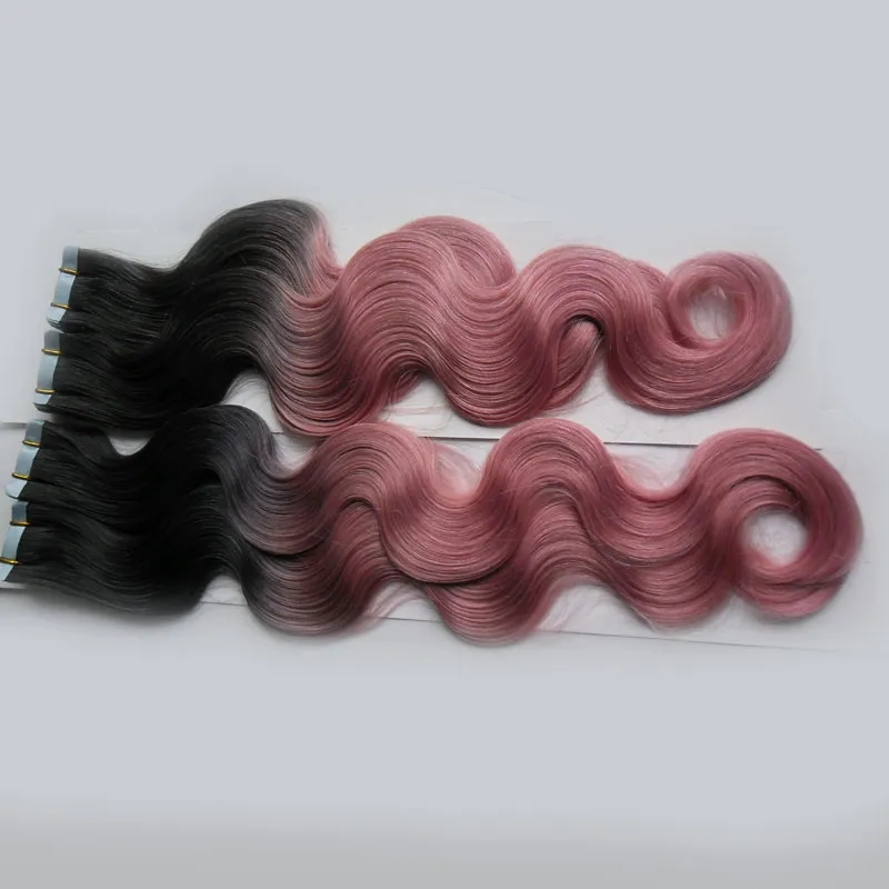 T1B/Nastro colorato rosa nelle estensioni dei capelli umani Macchina fatta Remy Capelli brasiliani dell'onda del corpo 200G 80 Pezzi Ombre Trama della pelle Estensioni dei capelli