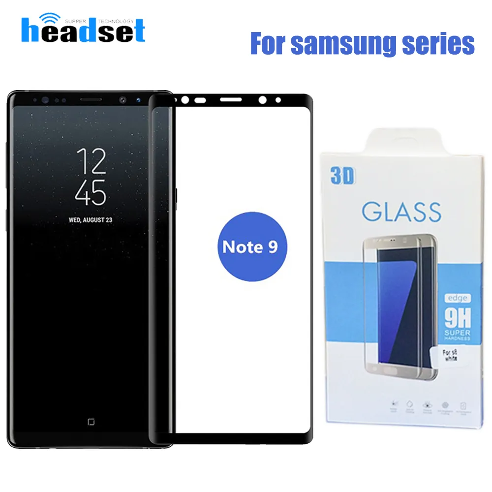 För Samsung Galaxy Not 9 S9 S8 S7 Edge S8 Note8 9H 3D Curved Side Full Cover Tempered Glass Skärmskydd med förpackning