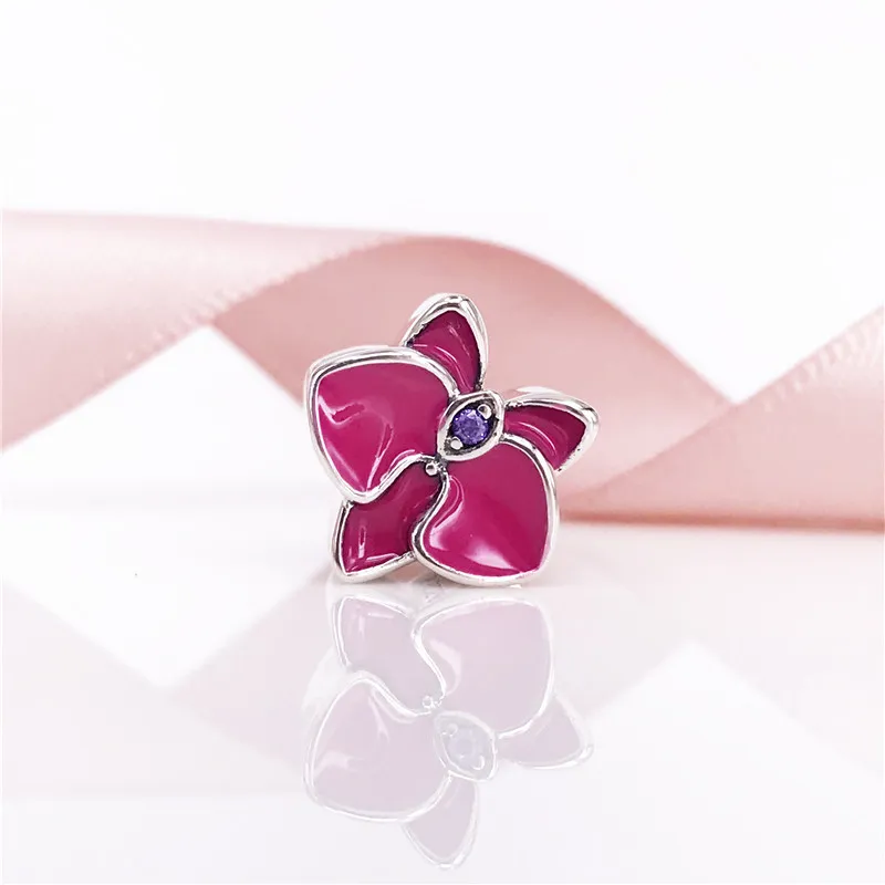 Orchid Charm Authentic 925 Sterling Silve Bead With Purple Enamel Fit European DIY Bracelet Necklace Jewelry 792074EN69