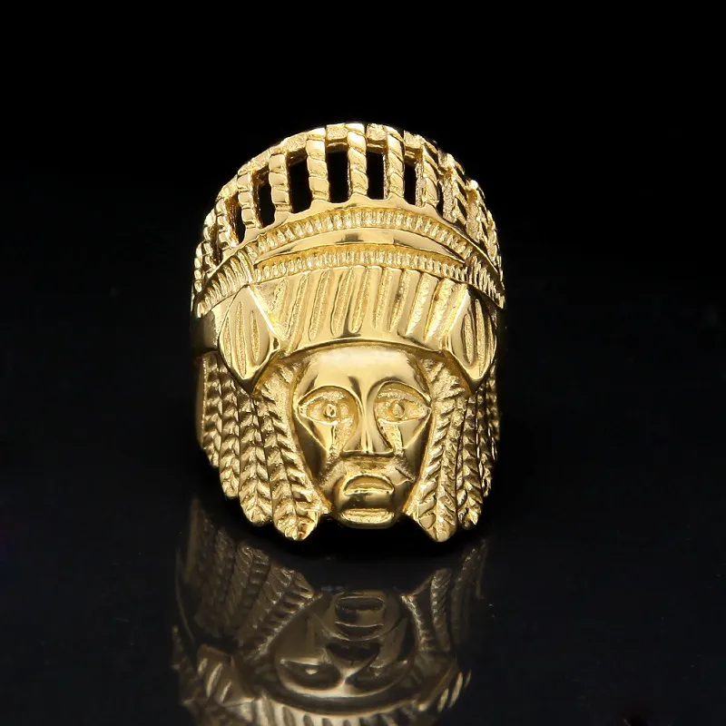 Mens Hip Hop Gold Ring Jewelry Retro Indian Chief Punk Vintage Exaggerated Alloy Metal Rings