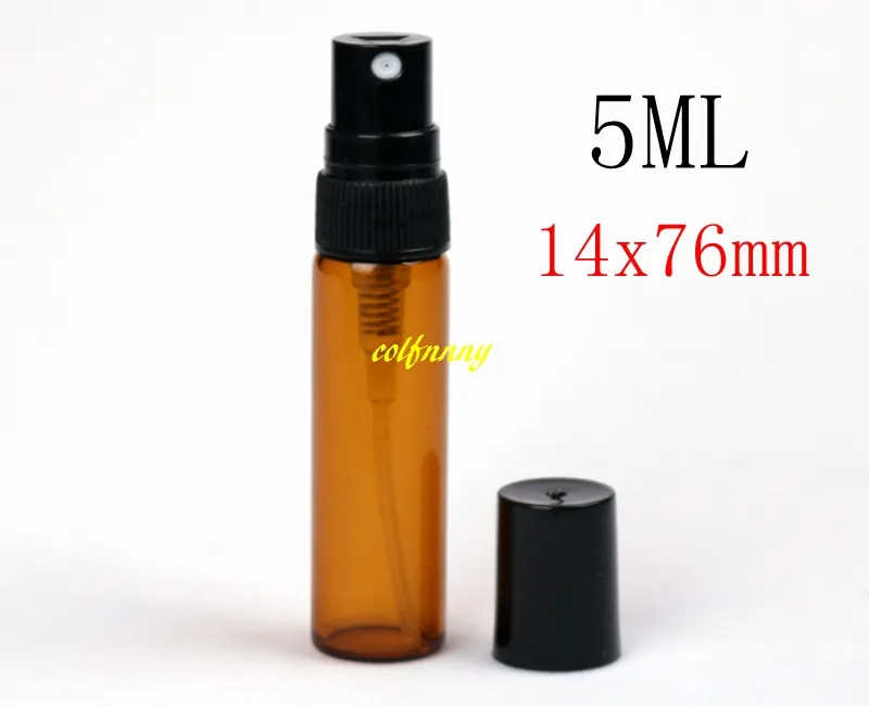 50pcs / lot gratis frakt 5ml Amber Glass Spray Bottle 5ml Brown Emtpy Refillerbara Parfymflaskor Svart Plastlock