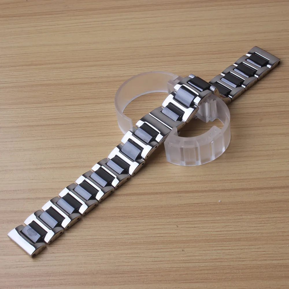 Cinturini per orologi in acciaio inossidabile in ceramica nera argento Bracciale con estremità dritta nera con chiusura a pulsante a farfalla 14mm 16mm 18mm 20mm 22m In vendita