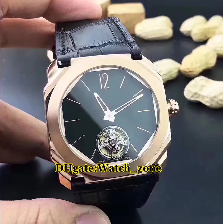 Octo Finissimo Tourbillon 102346 Czarny Dial Automatyczny Zegarek Mens Rose Gold Case Skórzany Pasek Tanie nowe zegarki wysokiej jakości