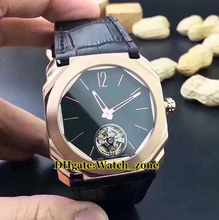 Octo Finissimo Tourbillon 102346 Siyah Arama Otomatik Erkek İzle Gül Altın Kılıf Deri Kayışı Ucuz Yeni Yüksek Kaliteli Saatler