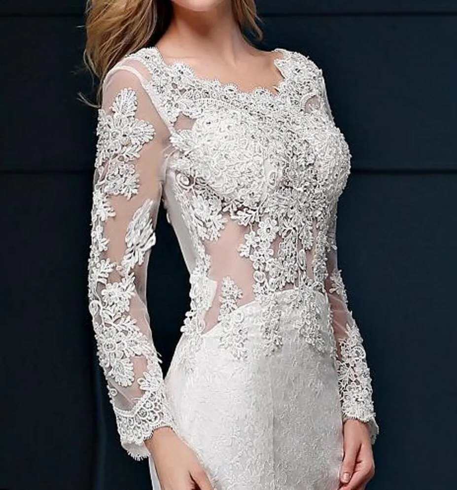Mermaid Wedding Dresses Long Sleeves Scoop Neck Full Lace SweepTrain White Ivory Bridal Gowns Wedding Gowns Custom Made