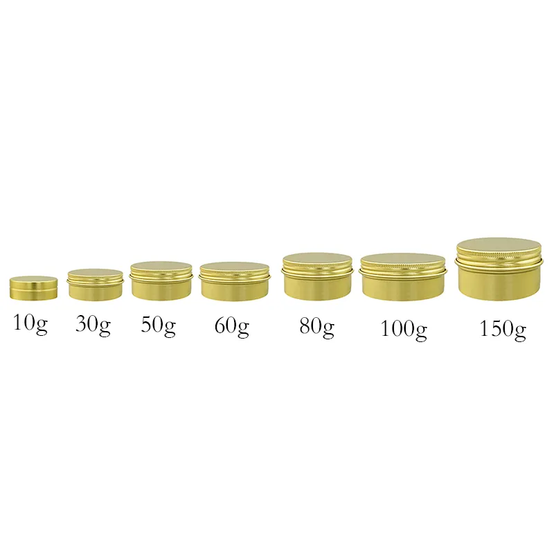 50 pz 10/30/50/60/80/100g/150g Barattolo di metallo in alluminio dorato per uso di gel in polvere crema Make Up Cosmetic Pot Contenitori d'oro Imballaggio