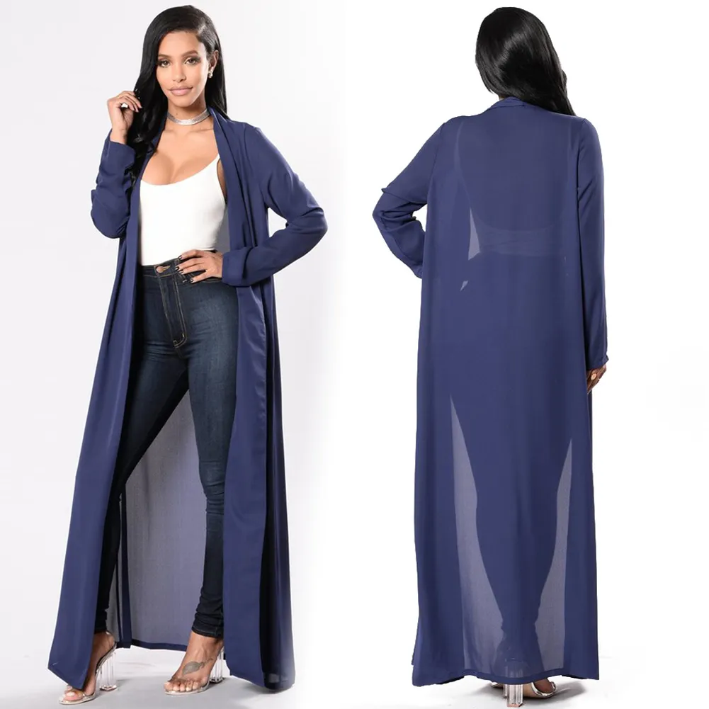 2018 Nya Kvinnor Chiffon Långa Cardigans Maxi Cover Up Sexig Front Öppna Långärmad Lady Beach Pool Bikini Cover Up Coat Blue Kvinna