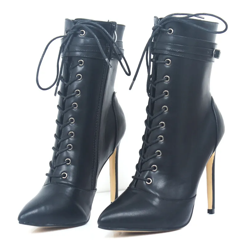 New Fashion Women Boots 12CM High Heels Pointed Toe Sexy Fetish Ankle Boots Ladies Lace Up Shoes Botas Plus size