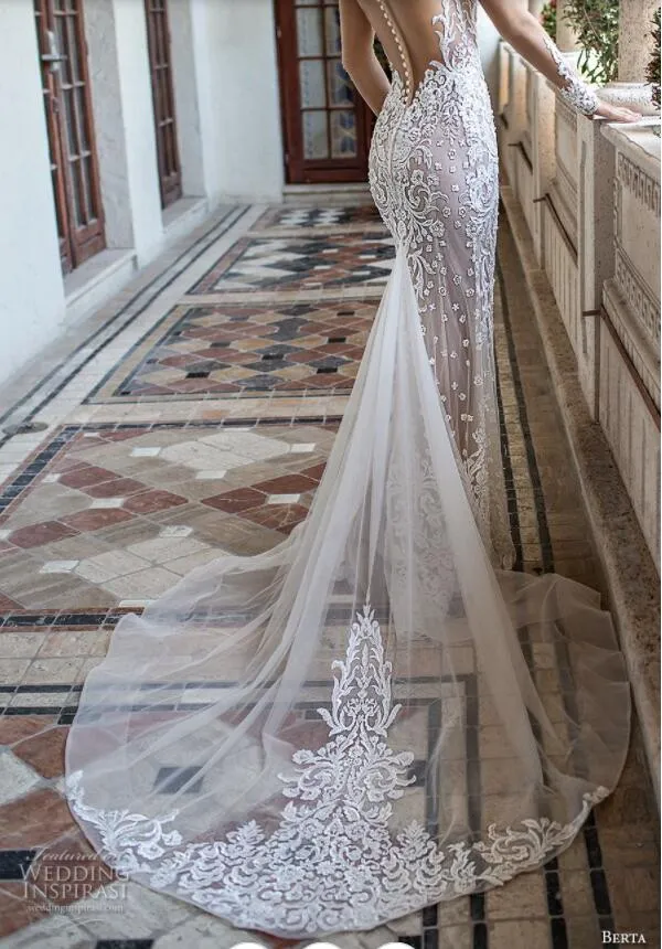 2019 Berta Mermaid Trouwjurken Scoop Neck Lace Applique Button Back Sweep Train Bruidsjurken met lange mouwen robe de Sexy Bridal 325k