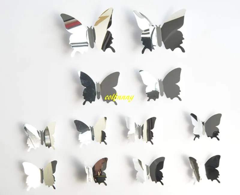 120sets/lot Fast 12 Pcs/set DIY Mirror 3D Butterfly Wall Stickers Home Decor Kids Gift Party Wedding Decor Home Decoration B5301