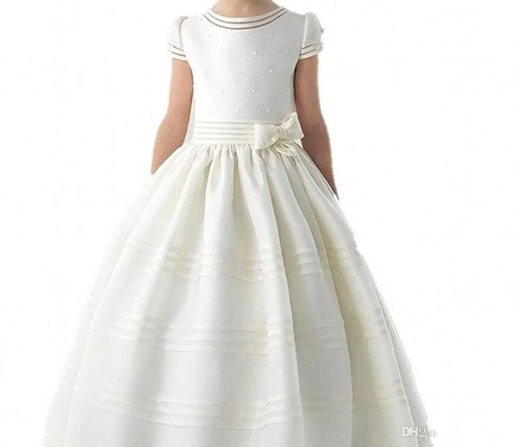 Prinzessin Weiß Erstkommunion Kleider Kleine Blumen Mädchen Hochzeit Party Kleid Kurzen Ärmeln Satin Vestidos De Comunion 20222527