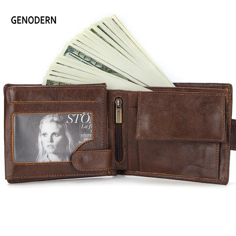 GENODERN New Wallet with Buckle for Men Genuine Leather Men Wallets Brown Male Purse Card Holder