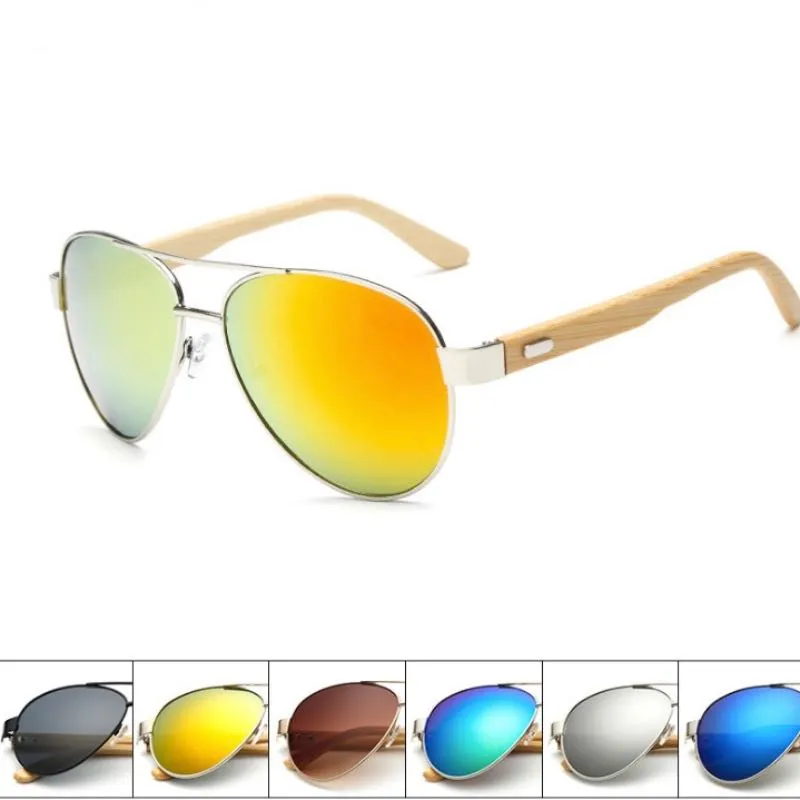 9 Colors Cool Pilot Sunglasses Bamboo Temples Metal Frame Mercury Lenses UV400 LOGO Engraved Service OEM Wholesale
