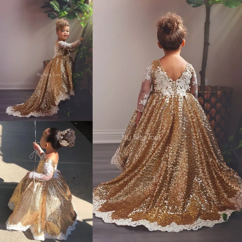 Guld Sequined High Low Flower Girl Dresses for Wedding Long Långärmad Toddler Pageant Gowns Appliqued Ball Gown Kids Prom Dress