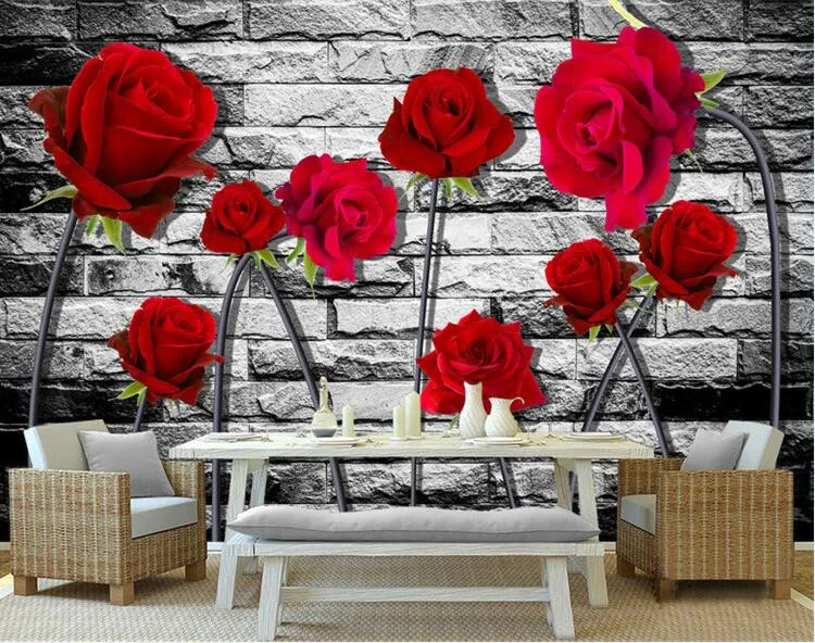 Custom Wall Mural Photo 3D Stereoscopic Embossed Non-woven Wallpaper Red Rose Brick Wall Papers Home Decor Living Room Bedroom