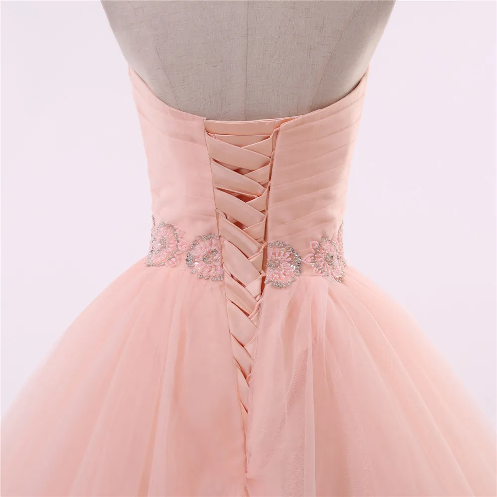 Elegancka Suknia Peach Ball Suknia Wieczorna Długa Sweetheart Plised Organza Zroszony Kryształ Wstążka Gorset Back Tanie Prom Formalne Suknie Suknie