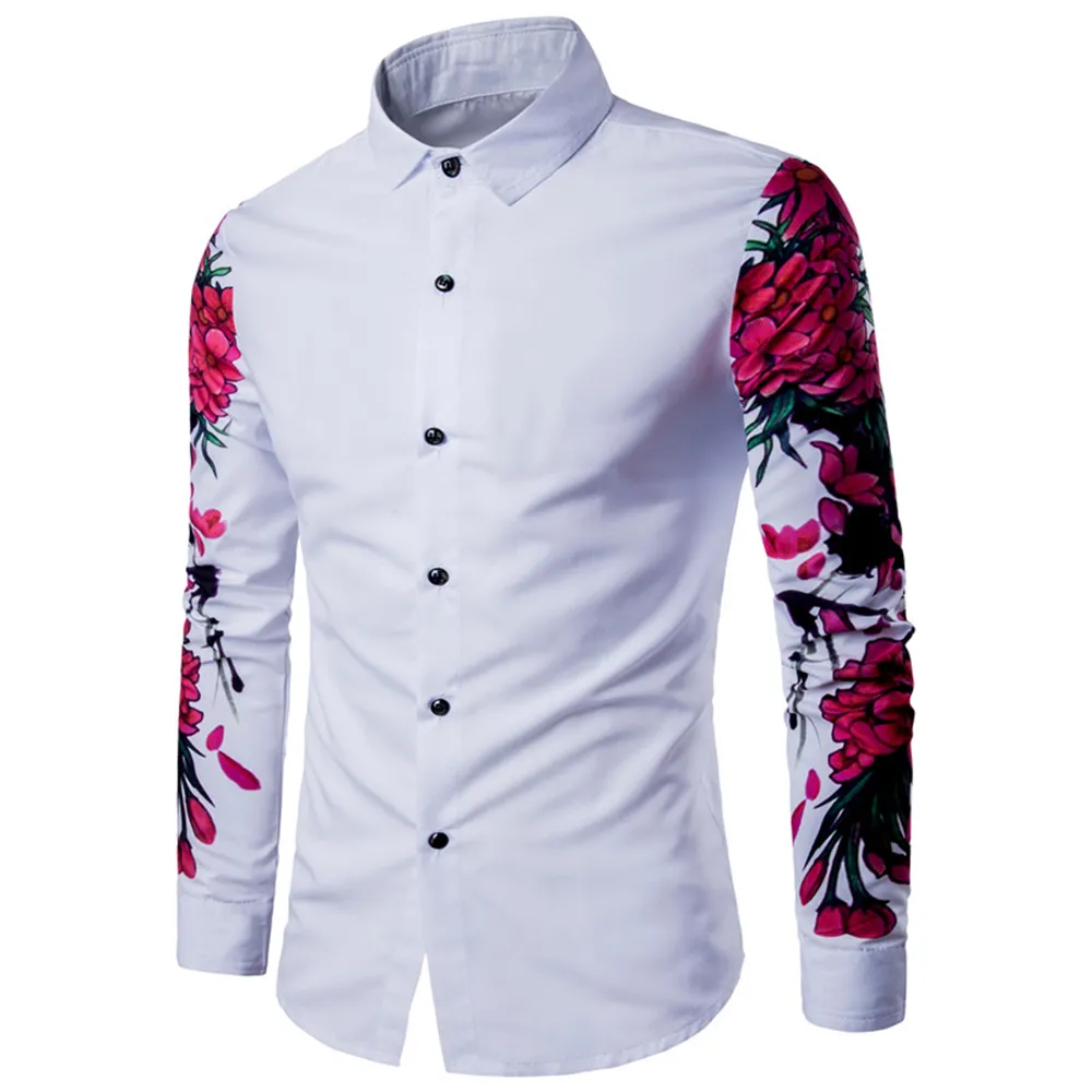2017 Yeni Varış Adam Gömlek Desen Tasarım Uzun Kollu Çiçek Çiçekler Baskı Slim Fit Adam Rahat Gömlek Moda Erkekler Elbise Gömlek