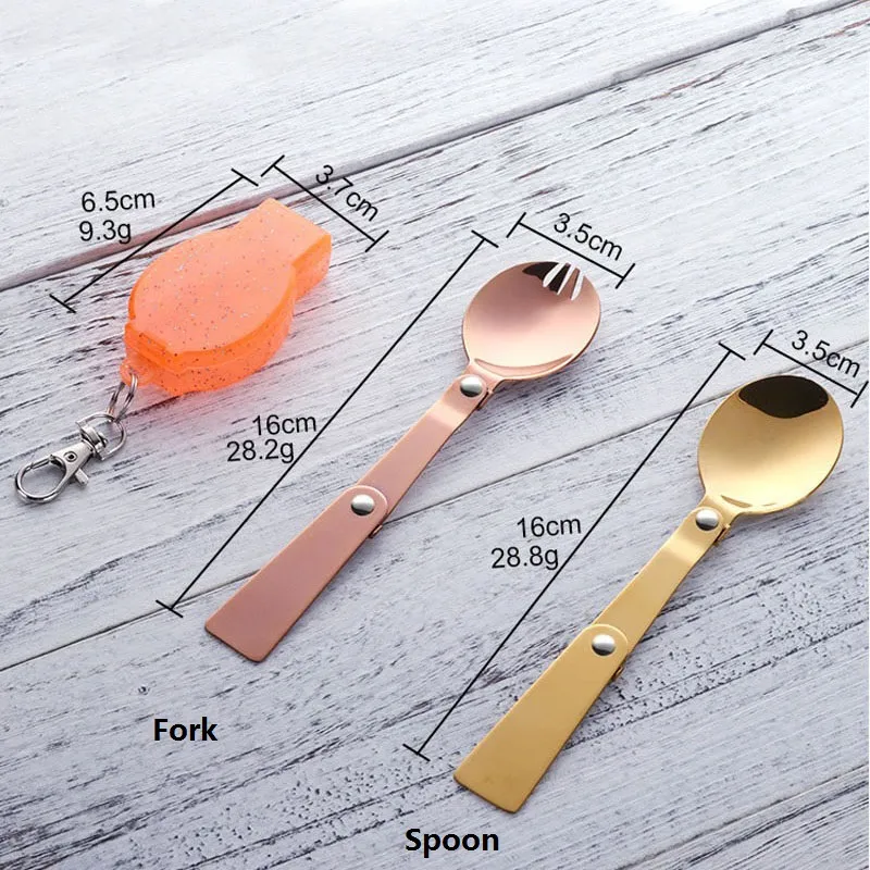 Folding Spoon Rose Gold Stainless Steel Spoons Portable Outdoor Camping Tableware With Plastic Box Buckle ZA6321