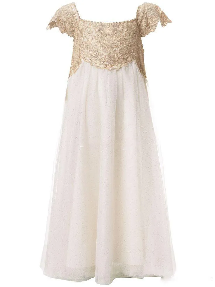 Vintage Flower Girl Dresses for Bohemian Wedding Cheap Floor Length Cap Sleeve Empire Champagne Lace Ivory chiffon First Communion7835667