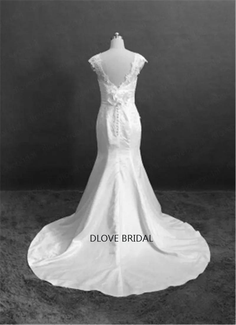 Real Po Short Sleeves Backless Satin Sexy Mermaid Wedding Dresses Boat Neck Slim Waist Lace Appliques Flower Bride Dress Vestid3206196