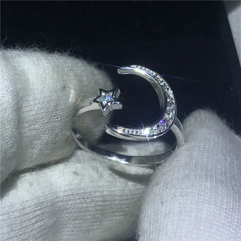 Moon Star Shape Promise Ring 100% Soild 925 Sterling Silver Smycken 5a Zircon CZ Engagement Bröllop Band Ringar för kvinnor