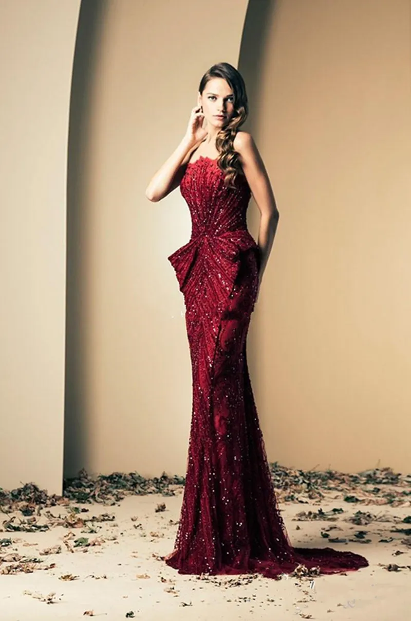 New Ziad Nakad Evening Dresses Vintage Burgundy Strapless Crystals Beads Floor Length Luxury Mermaid Celebrity Pageant Dresses Prom Gow