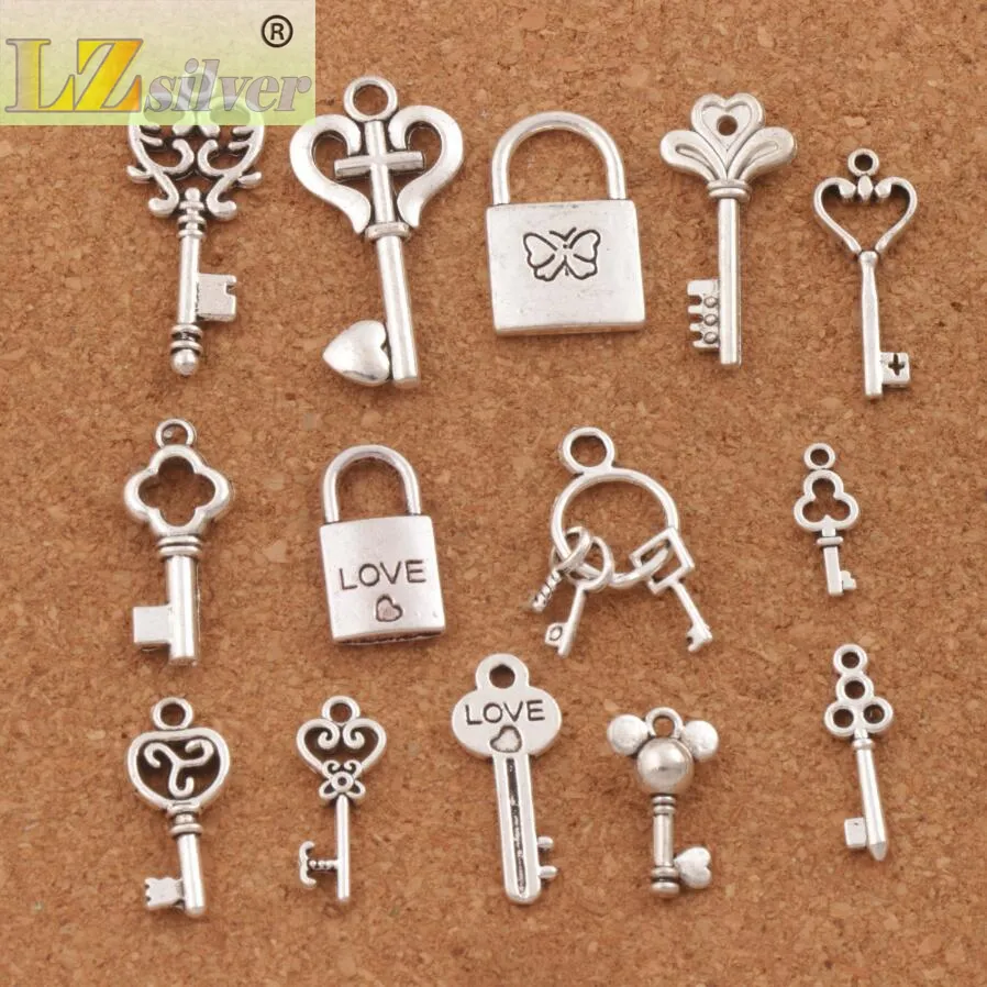lot Mix Love Key Locket Charm Beads Antique Sirew Penden Diewelry DIY LM47 14Styles5046857