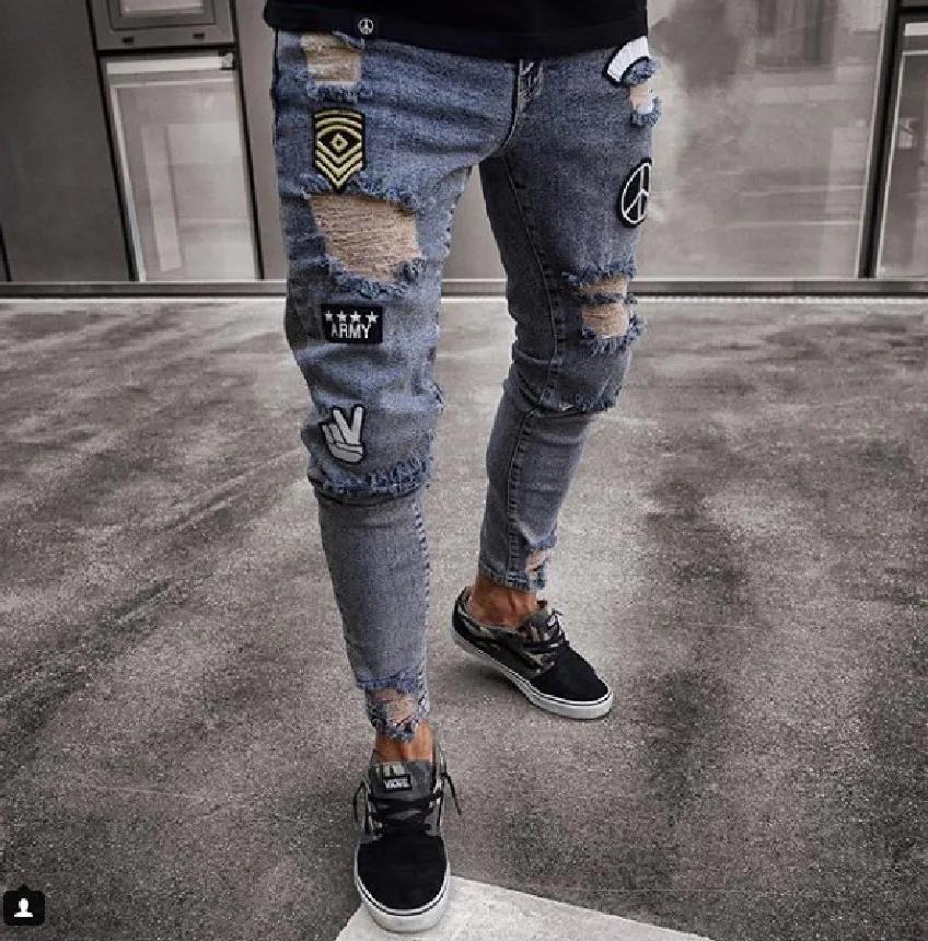 Erkekler Şık Yırtık Kot Biker Ince Düz Yıpranmış Denim Pantolon Moda Sıska Pantolon